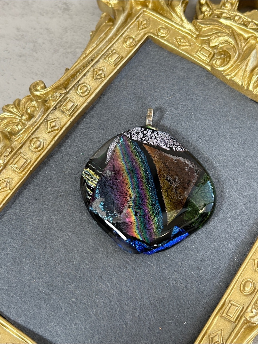 Oversized Dichroic Glass Rainbow Pendant - Multicolor Shimmer